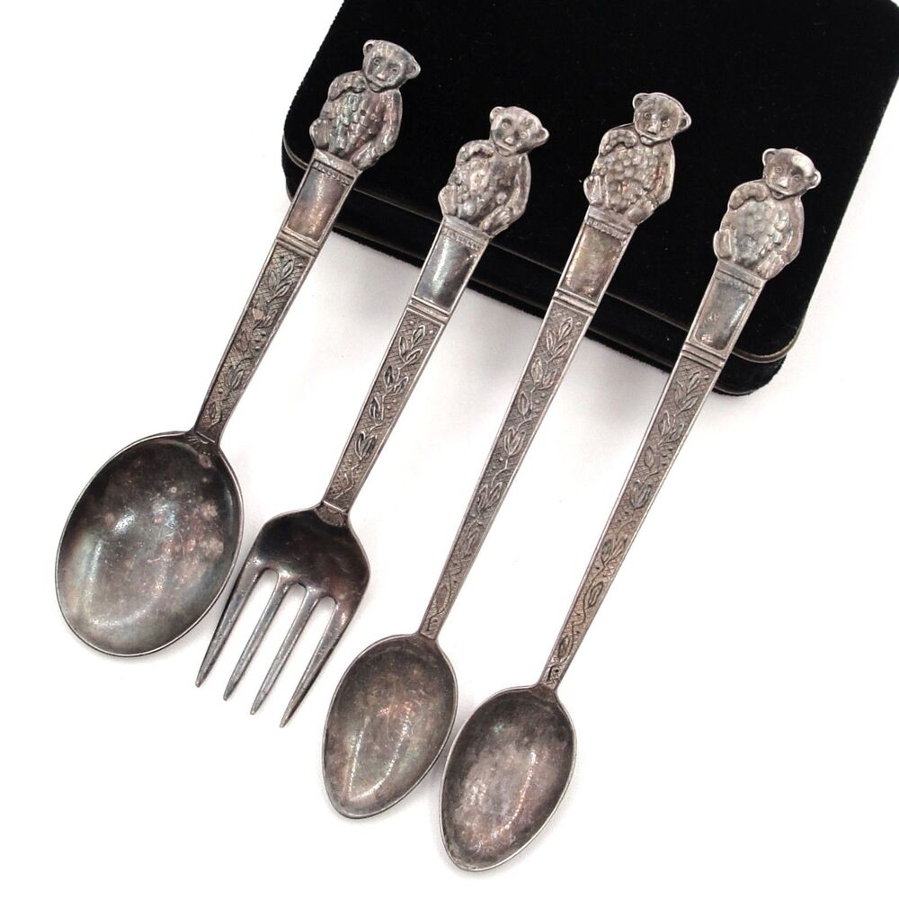 Vintage Nils Johan Teddy Bear Nalle Silverplate Baby Child Flatware 4 pc Set